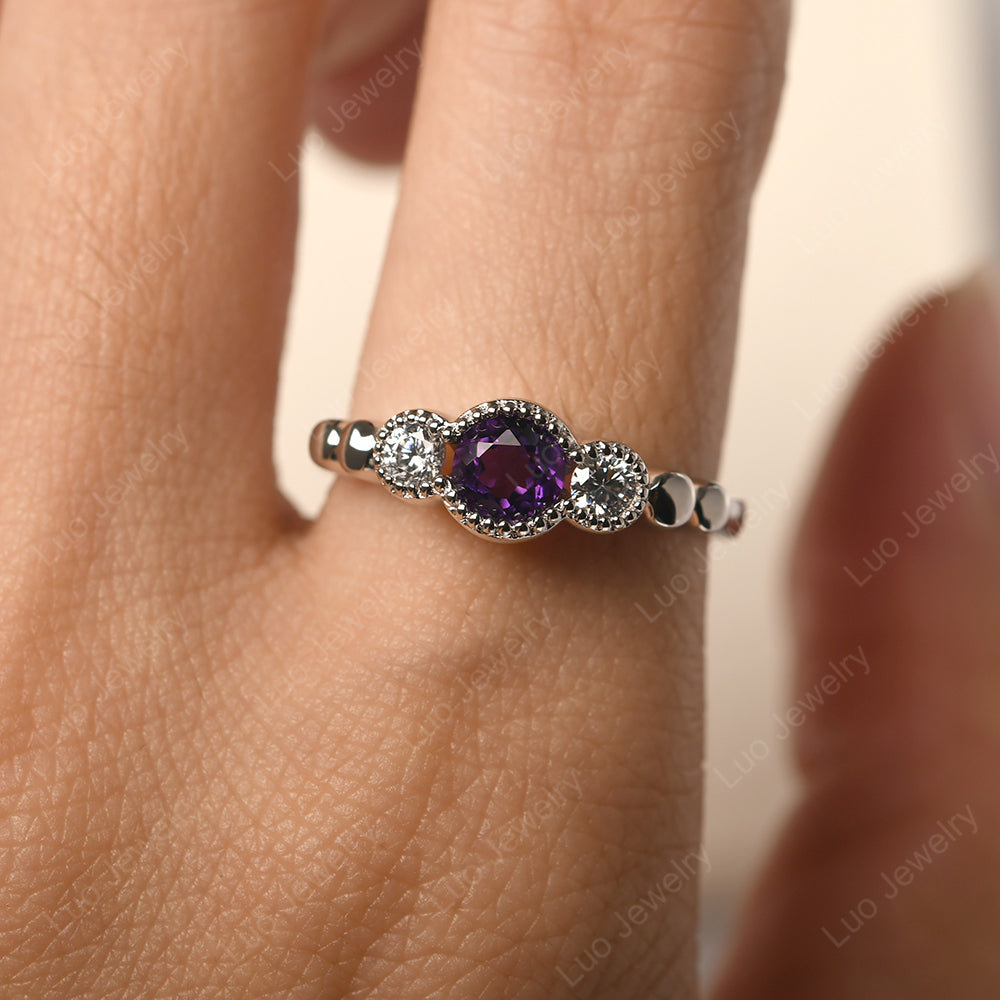 3 Stone Bezel Set Ring Amethyst Mothers Ring - LUO Jewelry