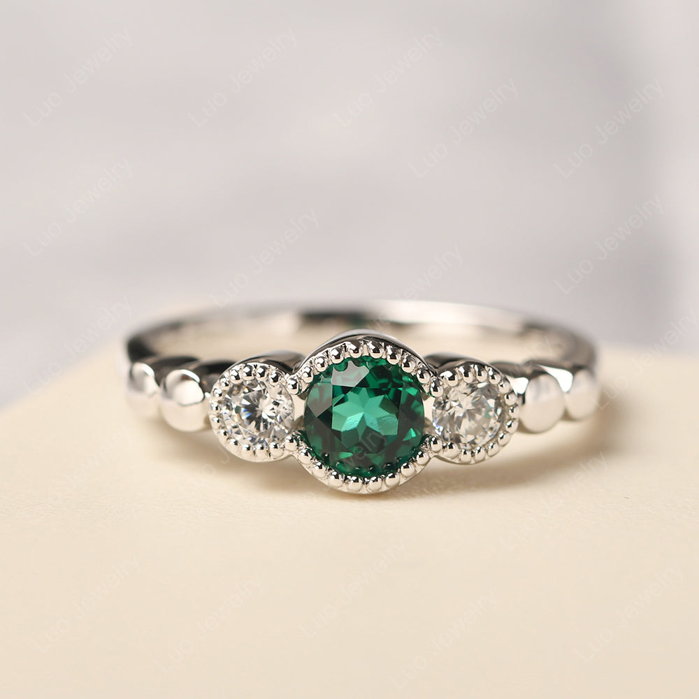 3 Stone Bezel Set Ring Lab Emerald Mothers Ring - LUO Jewelry