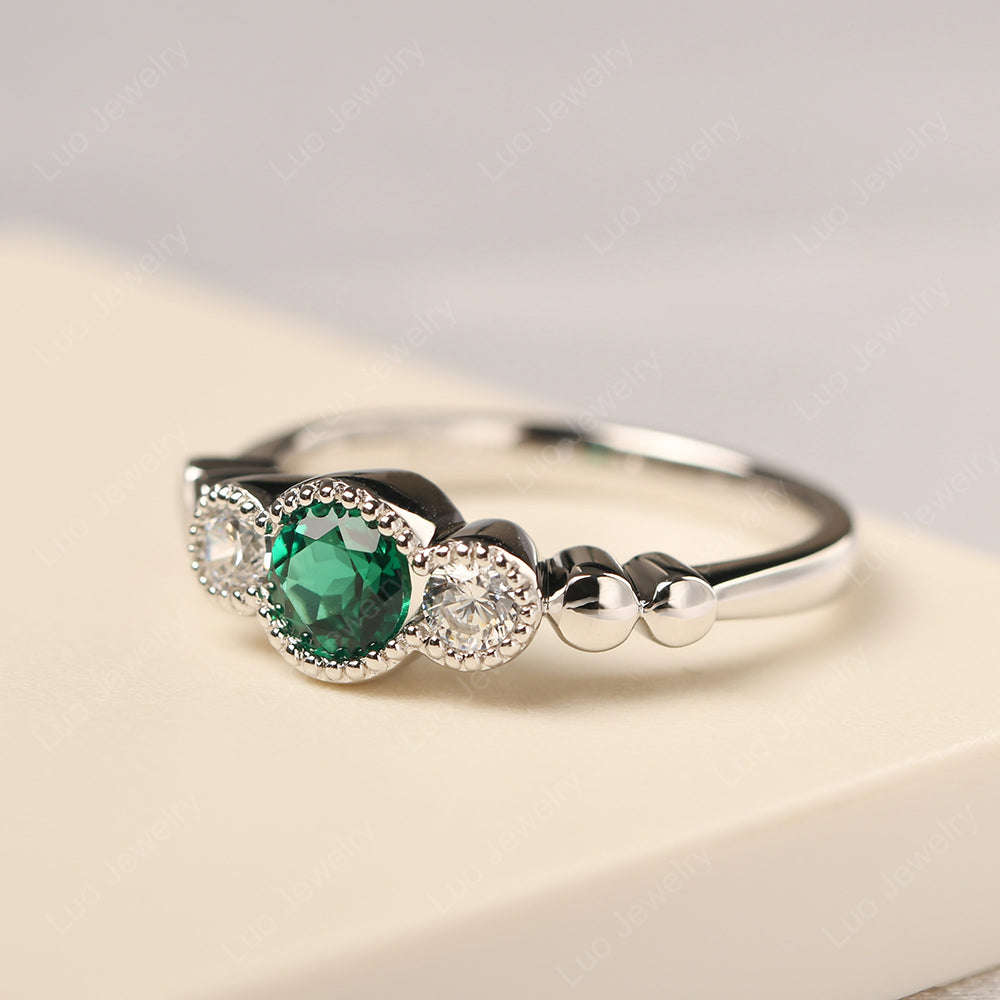 3 Stone Bezel Set Ring Lab Emerald Mothers Ring - LUO Jewelry