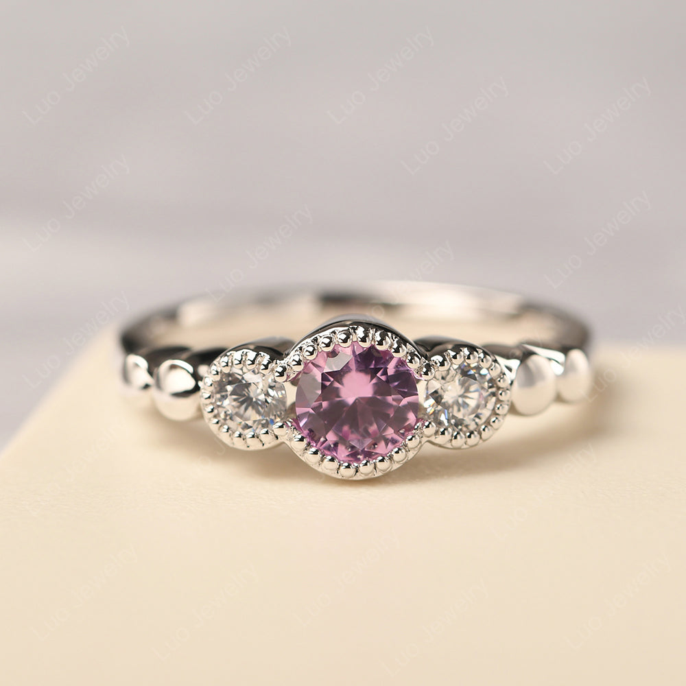 3 Stone Bezel Set Ring Pink Sapphire Mothers Ring - LUO Jewelry