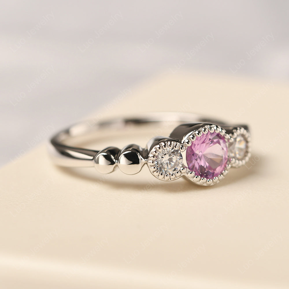 3 Stone Bezel Set Ring Pink Sapphire Mothers Ring - LUO Jewelry