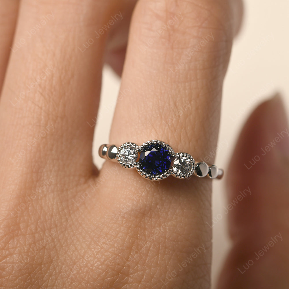 3 Stone Bezel Set Ring Lab Sapphire Mothers Ring - LUO Jewelry