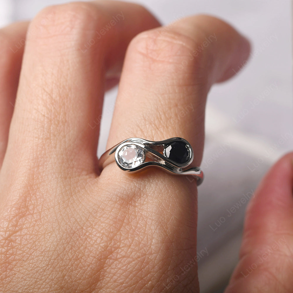 Black Spinel And White Topaz Ring Double Stone Engagement Ring - LUO Jewelry