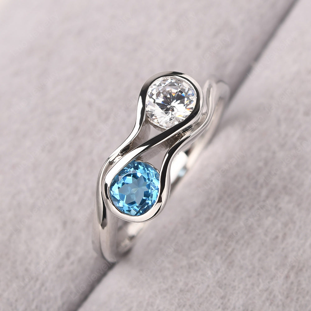 Swiss Blue Topaz And Cubic Zirconia Ring Double Stone Engagement Ring - LUO Jewelry