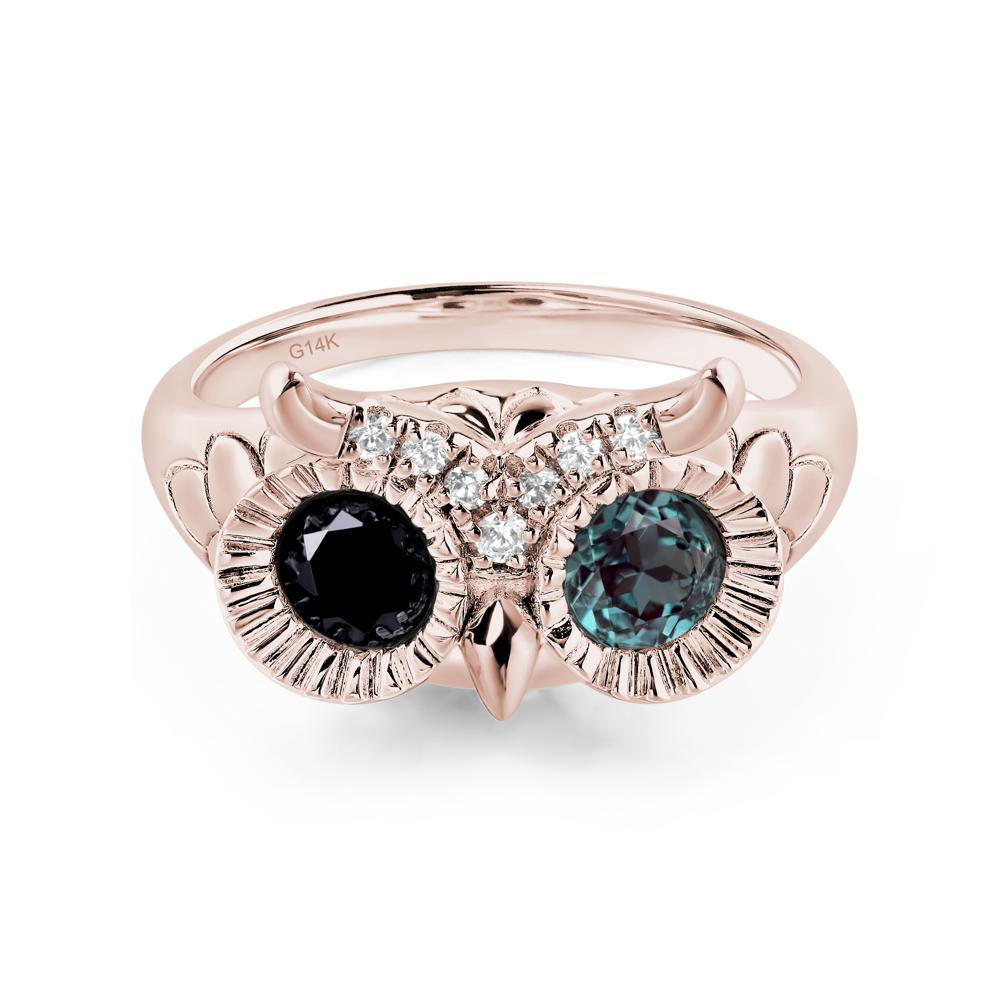 Lab Grown Alexandrite and Black Spinel Owl Ring - LUO Jewelry #metal_14k rose gold