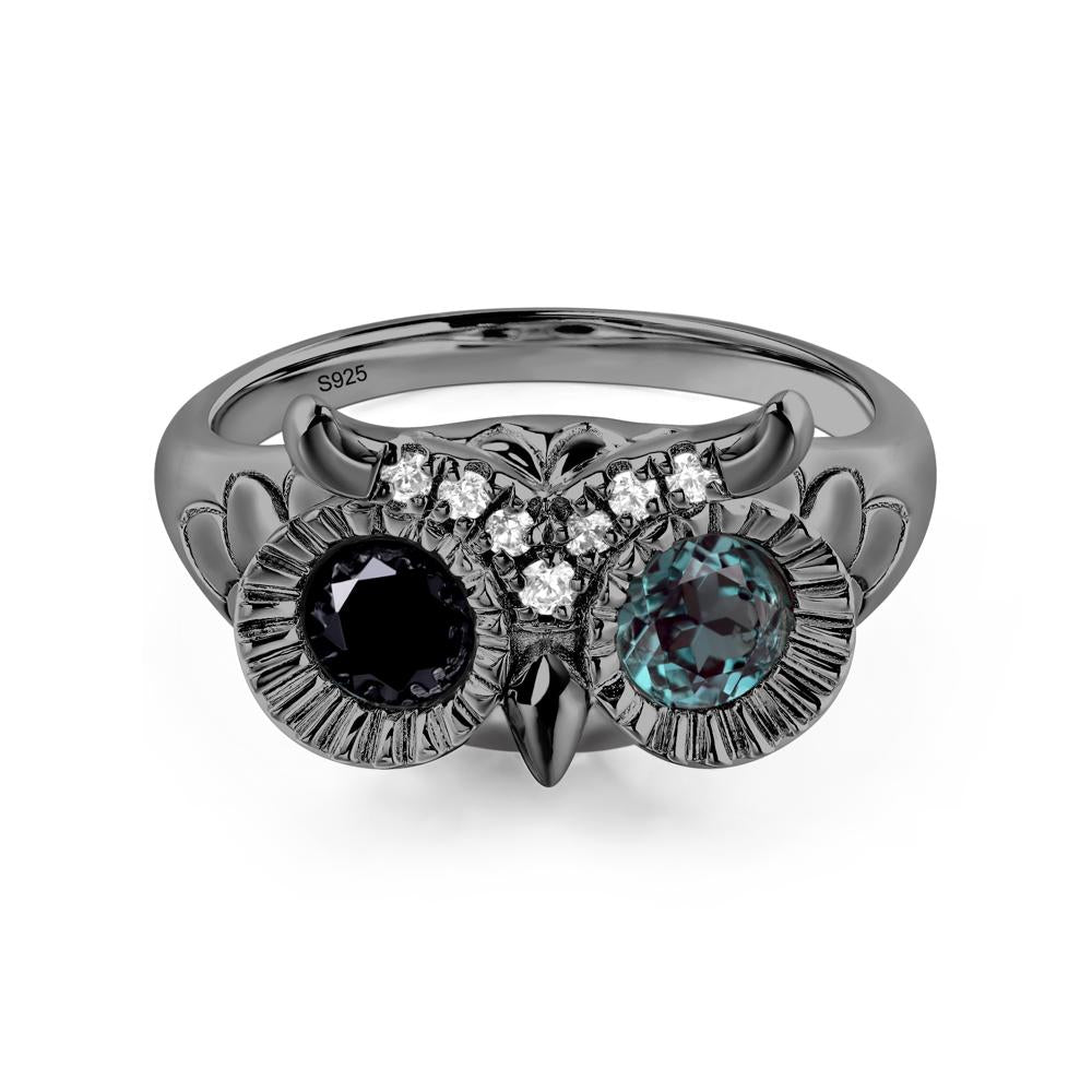 Lab Grown Alexandrite and Black Spinel Owl Ring - LUO Jewelry #metal_black finish sterling silver