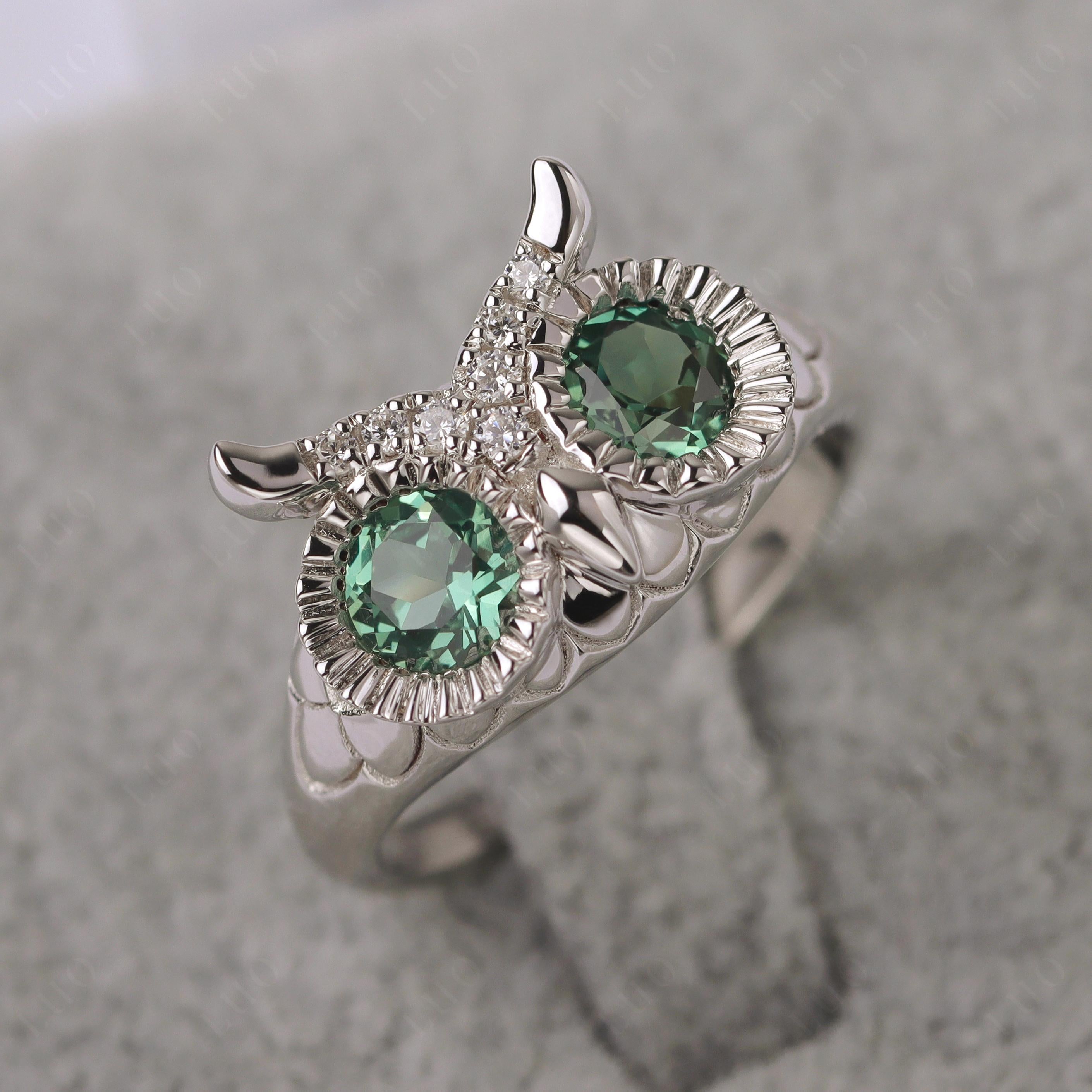 Lab Green Sapphire Owl Ring - LUO Jewelry