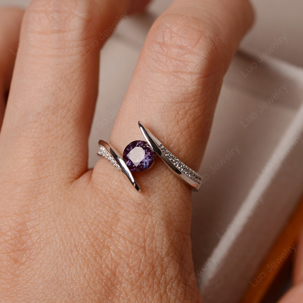 Dainty Alexandrite Engagement Ring Half Bezel Set - LUO Jewelry