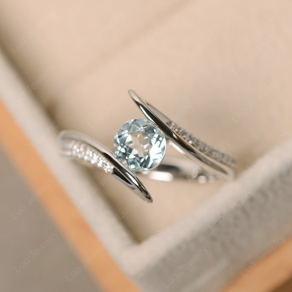 Dainty Aquamarine Engagement Ring Half Bezel Set - LUO Jewelry