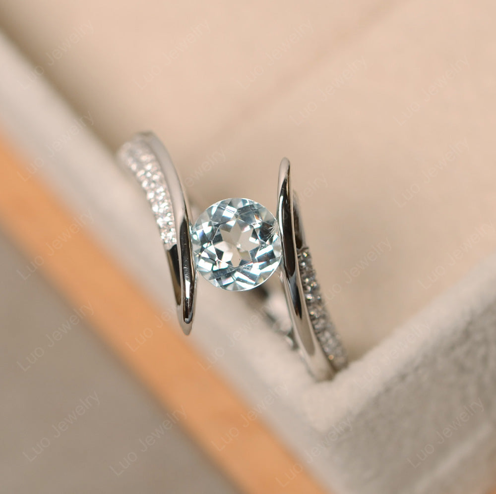 Dainty Aquamarine Engagement Ring Half Bezel Set - LUO Jewelry