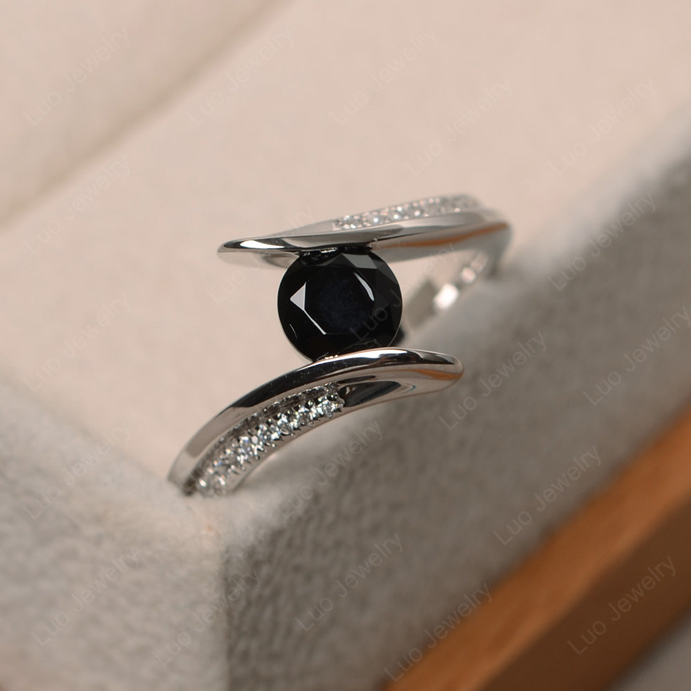 Dainty Black Spinel Engagement Ring Half Bezel Set - LUO Jewelry