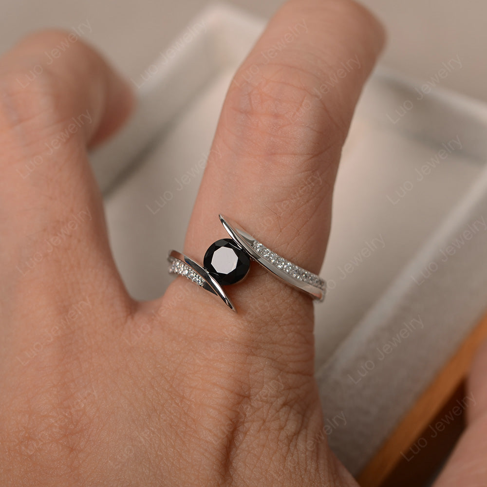 Dainty Black Spinel Engagement Ring Half Bezel Set - LUO Jewelry