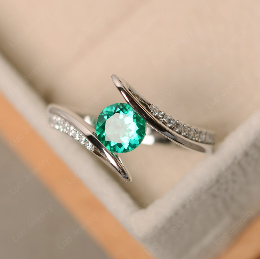 Dainty Lab Emerald Engagement Ring Half Bezel Set - LUO Jewelry