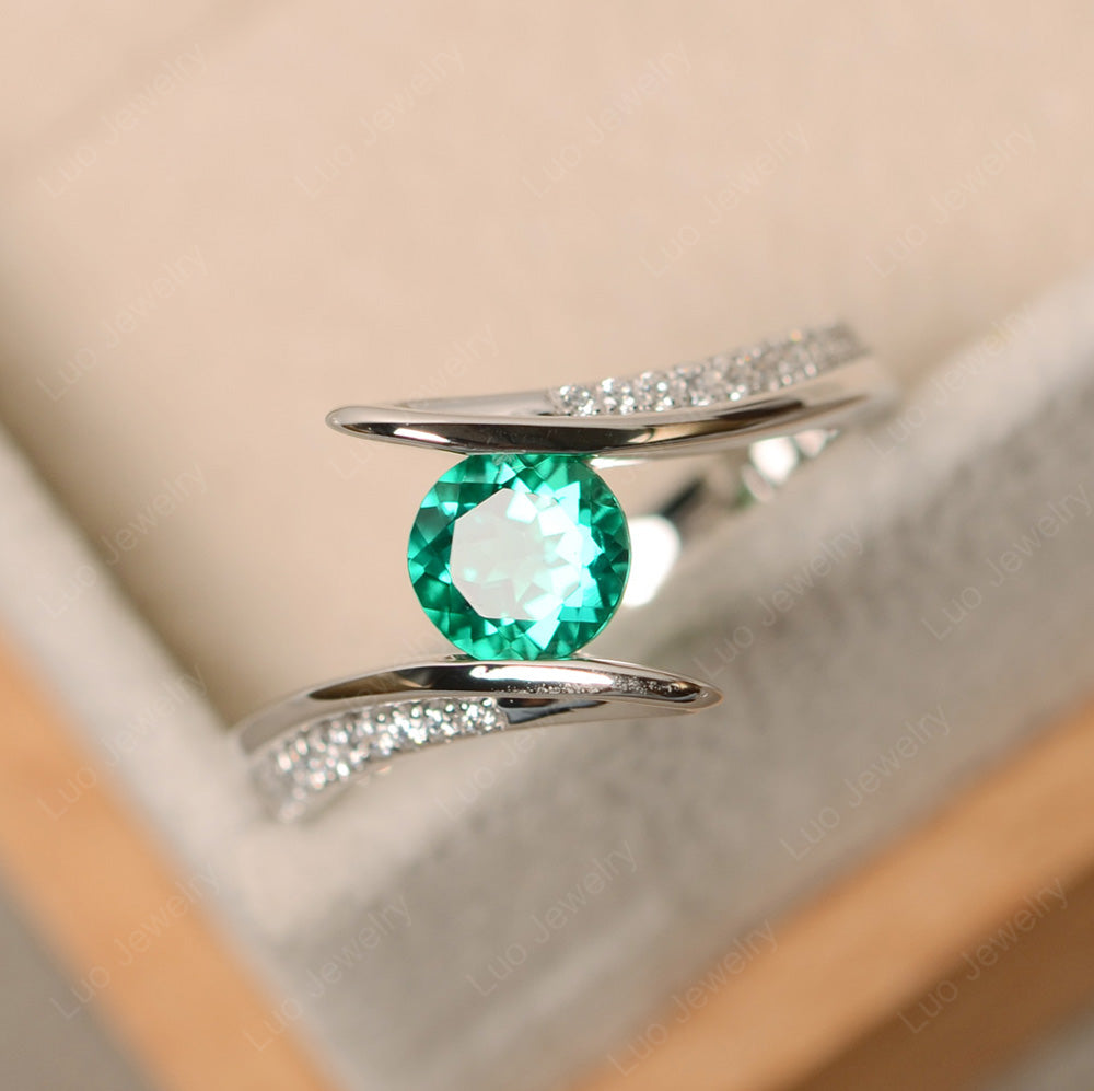 Dainty Lab Emerald Engagement Ring Half Bezel Set - LUO Jewelry