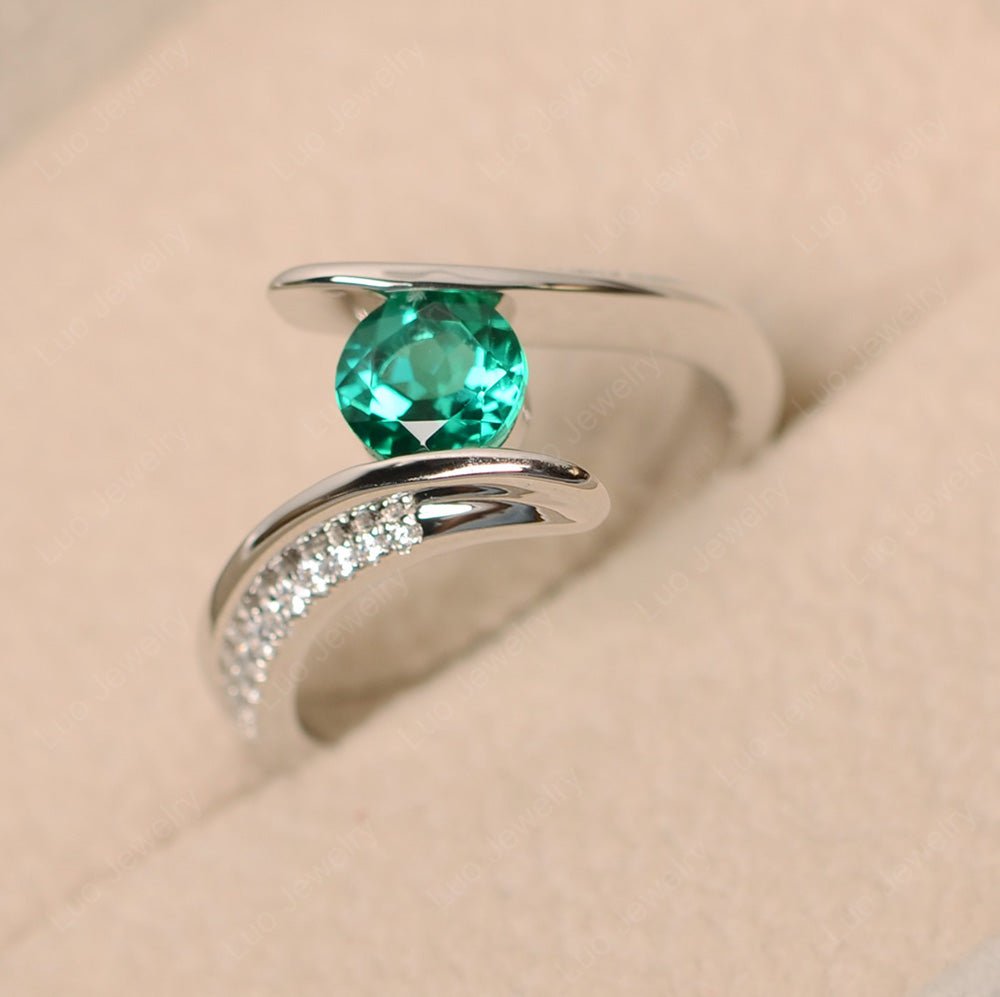 Dainty Lab Emerald Engagement Ring Half Bezel Set - LUO Jewelry
