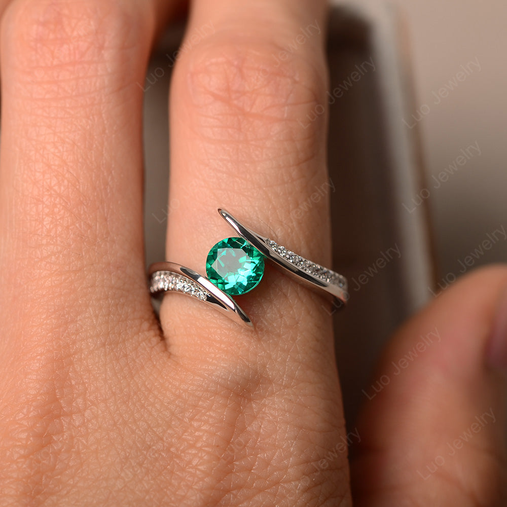 Dainty Lab Emerald Engagement Ring Half Bezel Set - LUO Jewelry