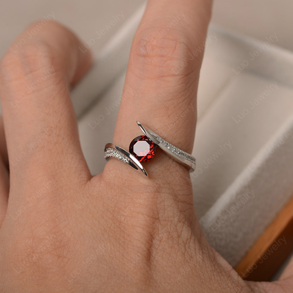 Dainty Garnet Engagement Ring Half Bezel Set - LUO Jewelry