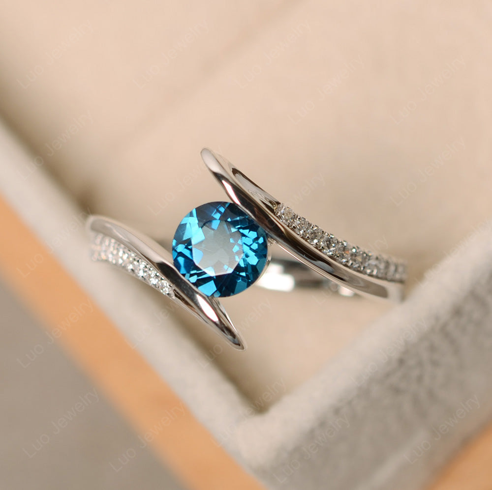 Dainty London Blue Topaz Engagement Ring Half Bezel Set - LUO Jewelry