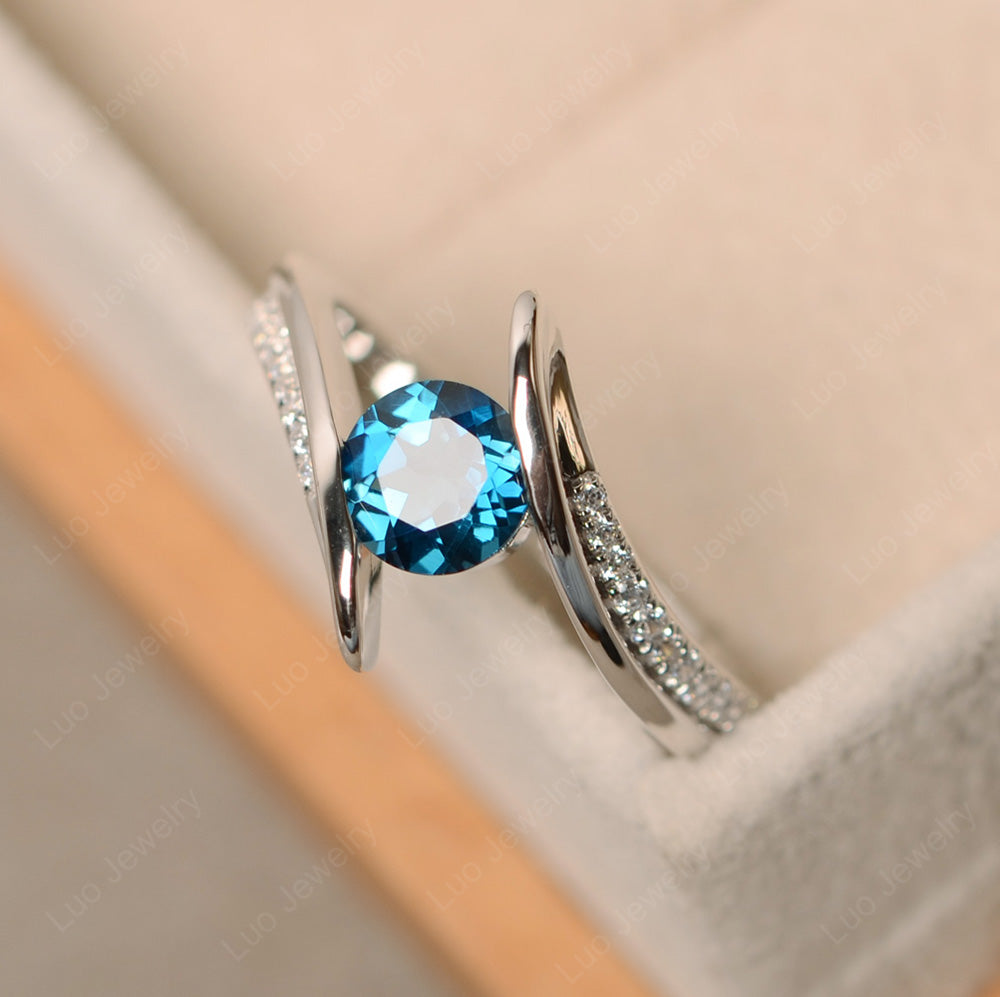 Dainty London Blue Topaz Engagement Ring Half Bezel Set - LUO Jewelry