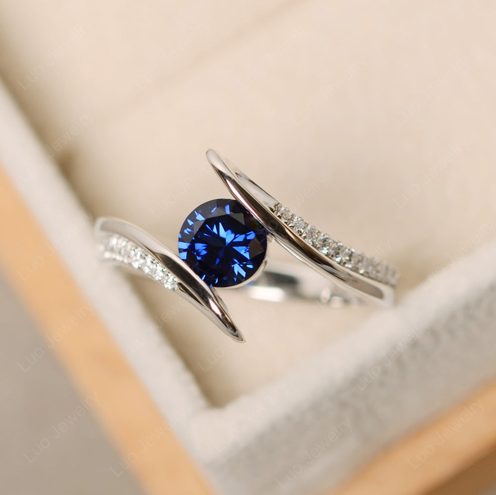 Dainty Sapphire Engagement Ring Half Bezel Set - LUO Jewelry