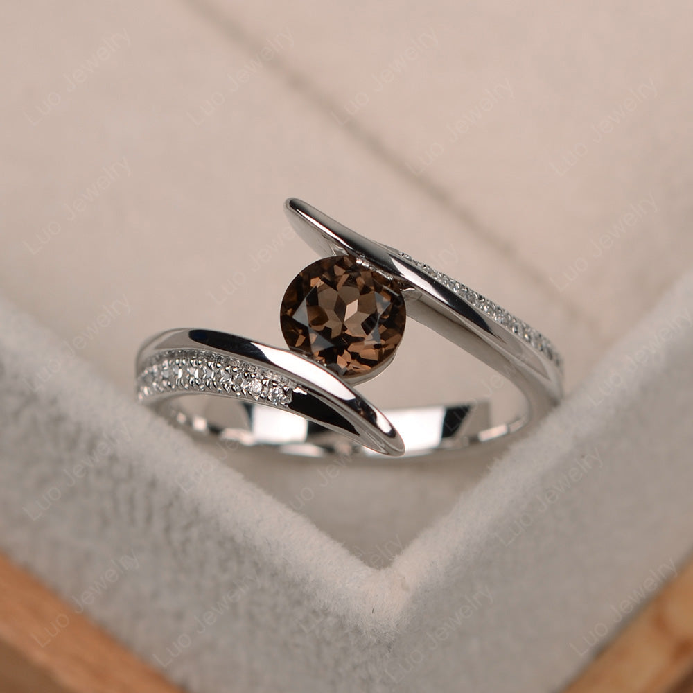Dainty Smoky Quartz  Engagement Ring Half Bezel Set - LUO Jewelry