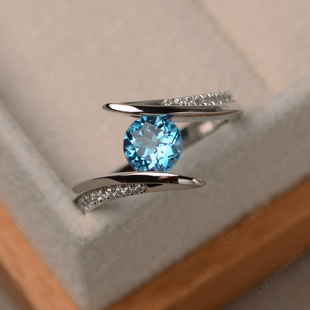 Dainty Swiss Blue Topaz Engagement Ring Half Bezel Set - LUO Jewelry