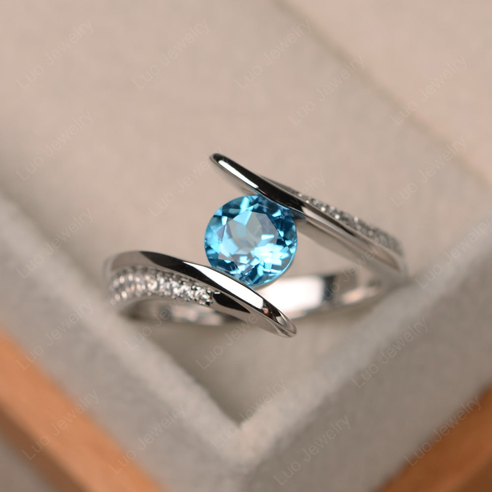 Dainty Swiss Blue Topaz Engagement Ring Half Bezel Set - LUO Jewelry