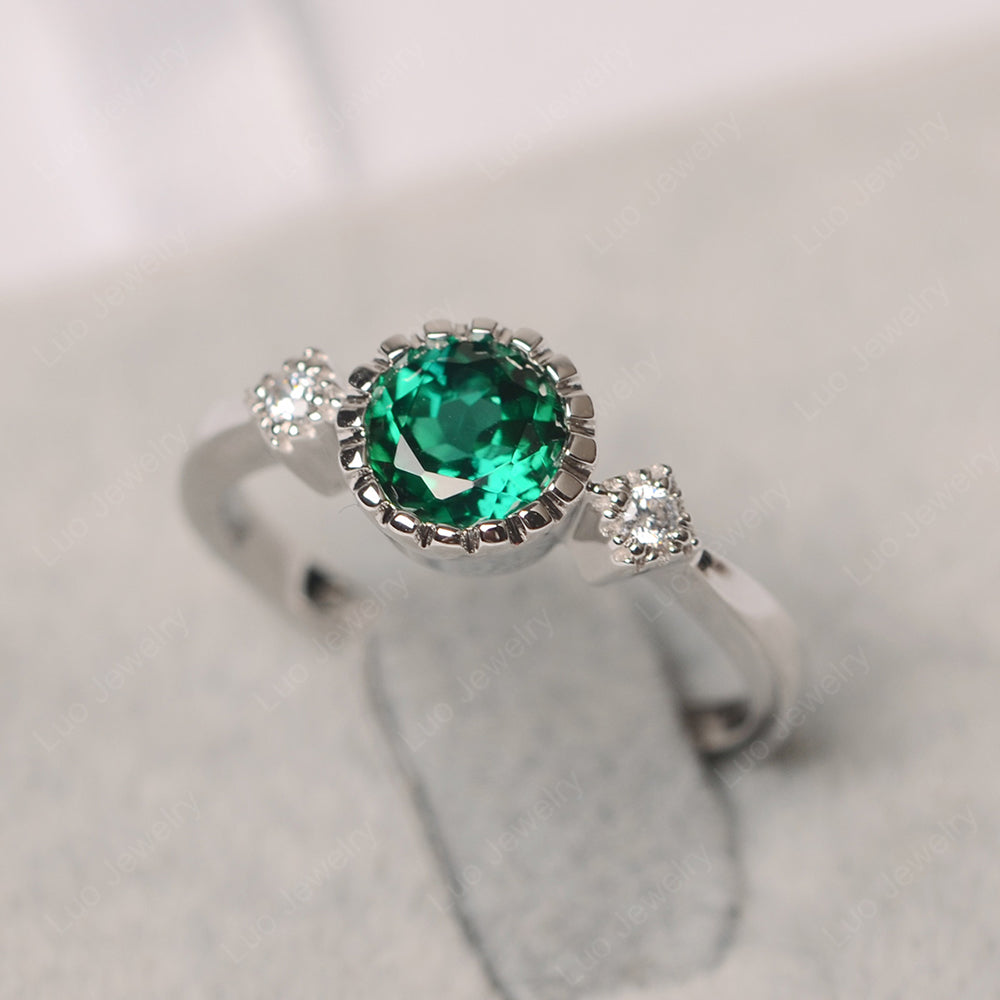 Vintage Lab Emerald Ring Bezel Set Art Deco - LUO Jewelry