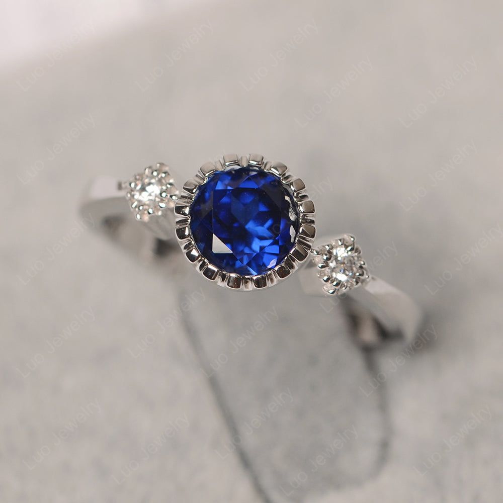 Vintage Lab Sapphire Ring Bezel Set Art Deco - LUO Jewelry