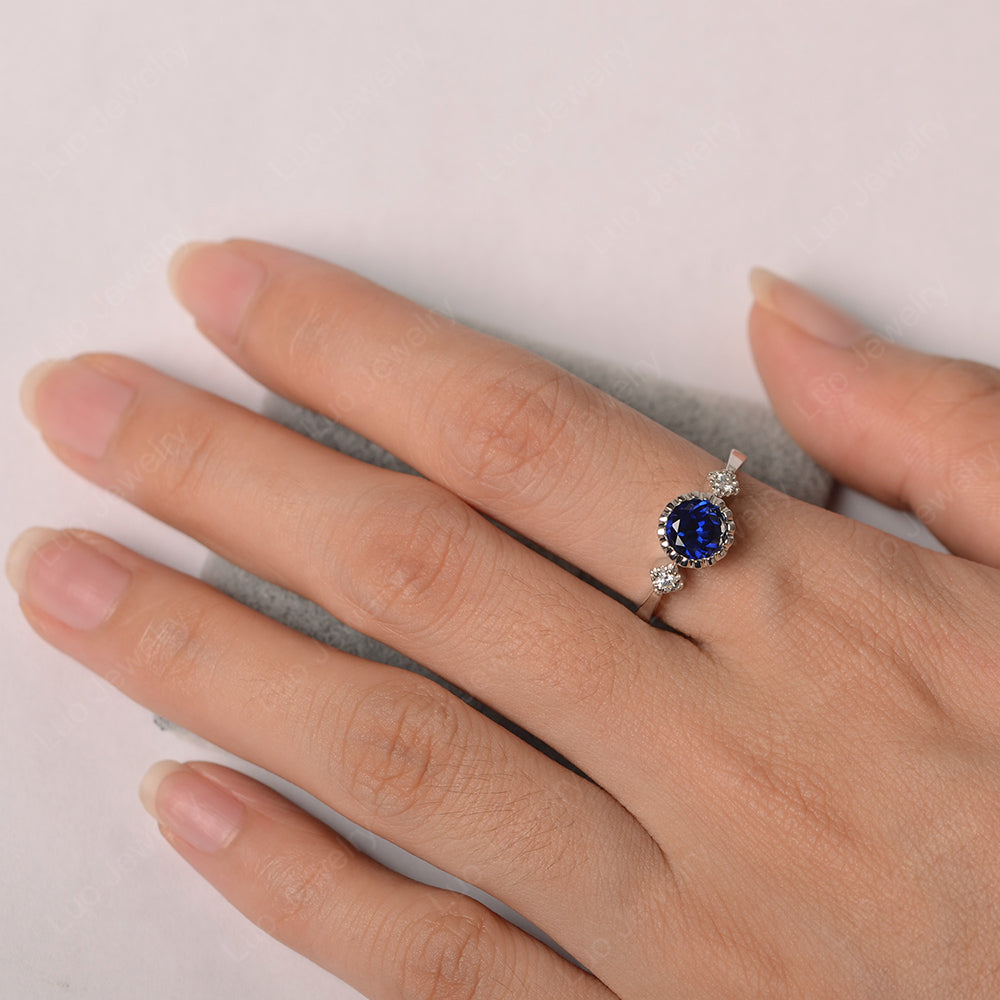Vintage Lab Sapphire Ring Bezel Set Art Deco - LUO Jewelry