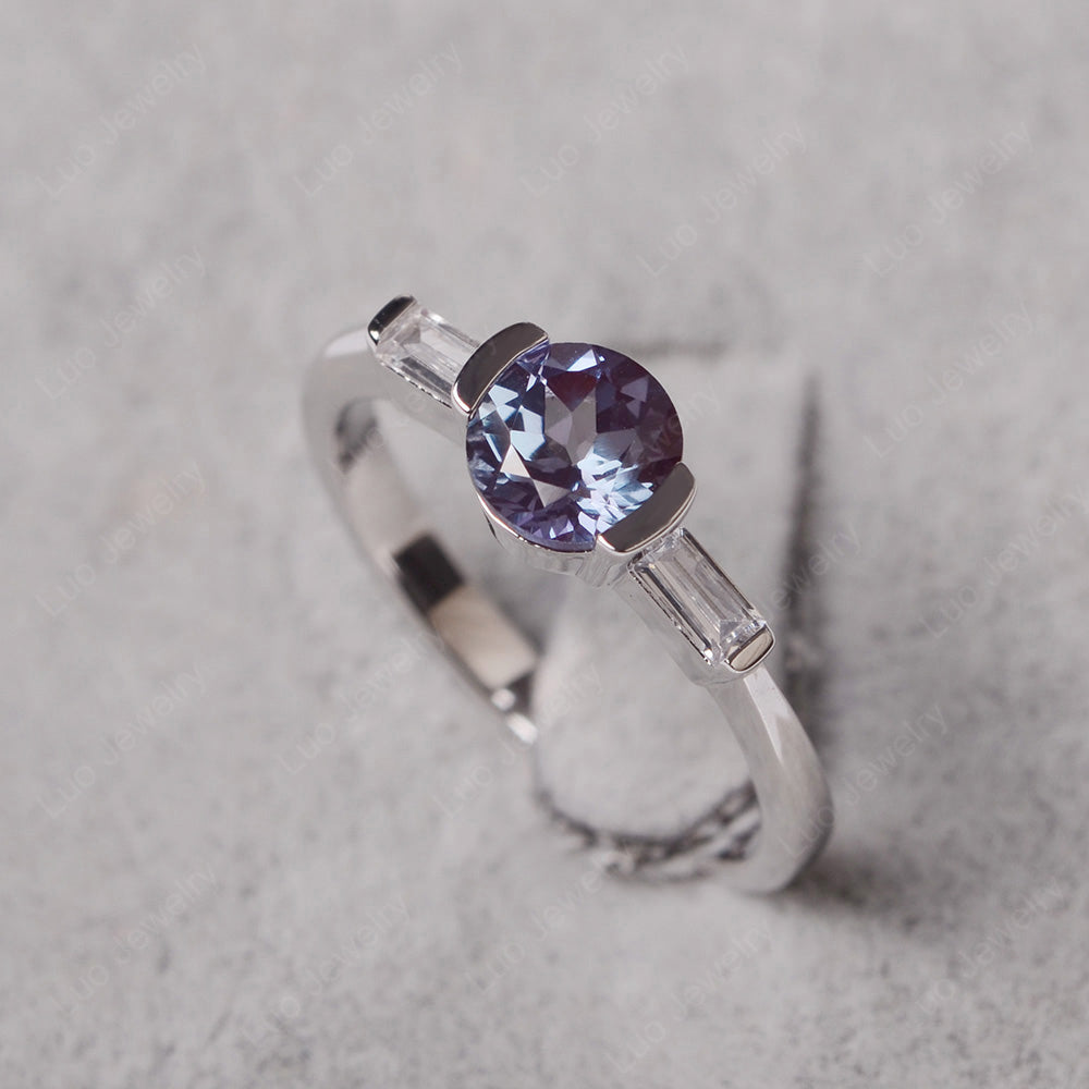 Alexandrite Ring Round Cut With Baguette Side - LUO Jewelry