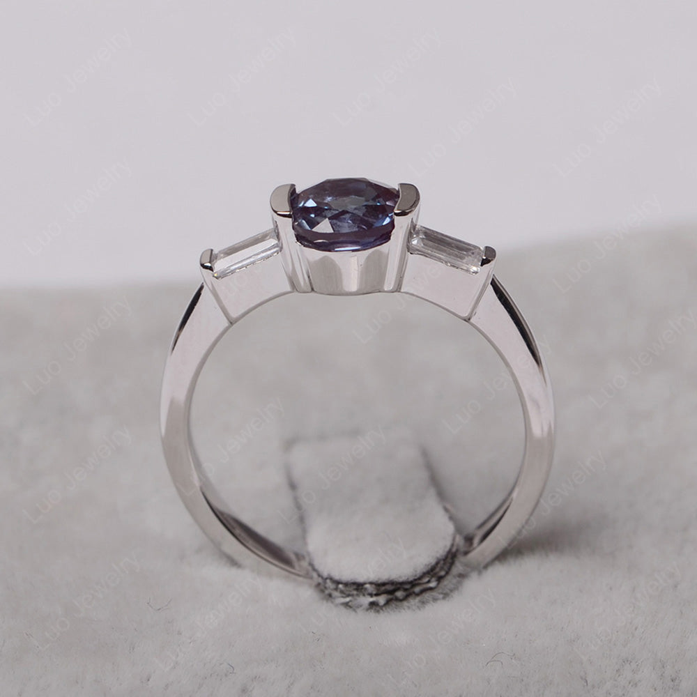 Alexandrite Ring Round Cut With Baguette Side - LUO Jewelry