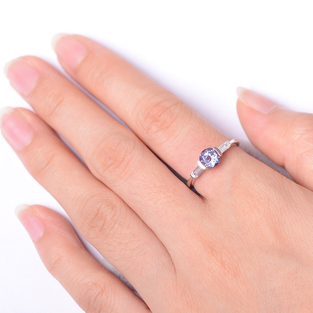 Alexandrite Ring Round Cut With Baguette Side - LUO Jewelry