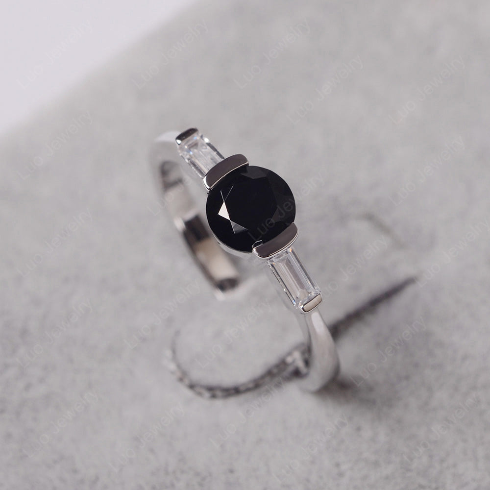 Black Spinel Ring Round Cut With Baguette Side - LUO Jewelry