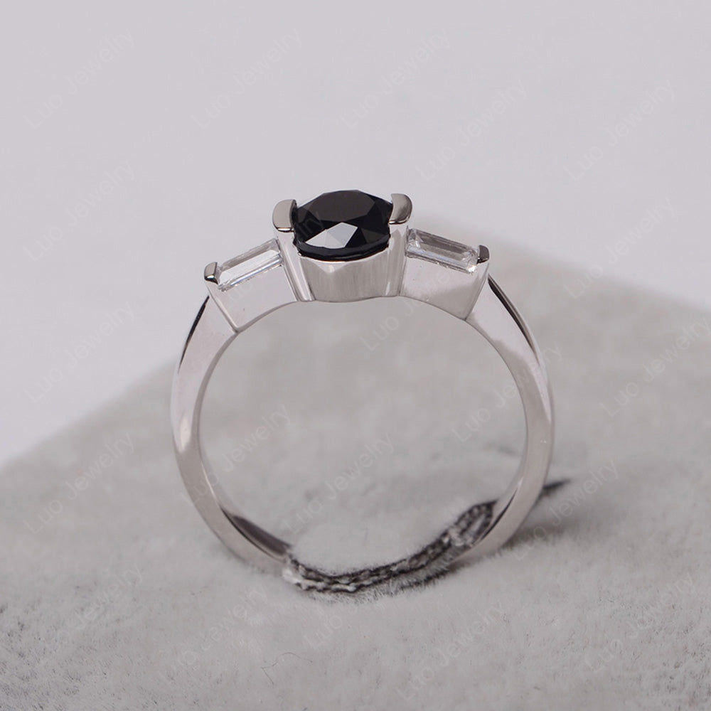 Black Spinel Ring Round Cut With Baguette Side - LUO Jewelry