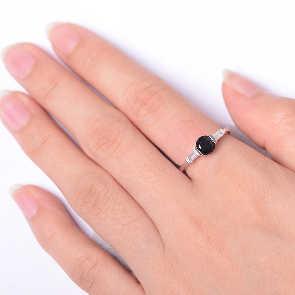 Black Spinel Ring Round Cut With Baguette Side - LUO Jewelry