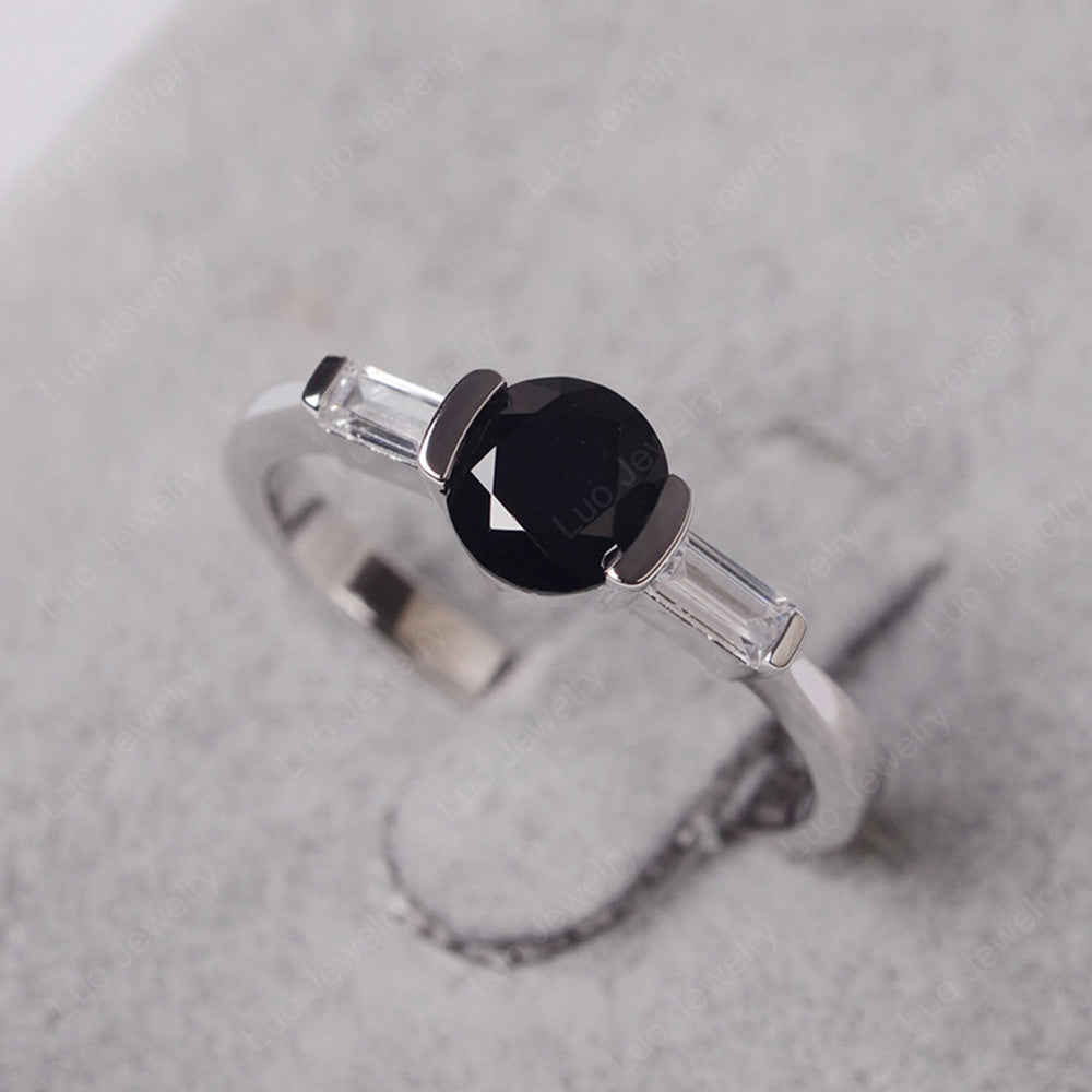 Black Spinel Ring Round Cut With Baguette Side - LUO Jewelry