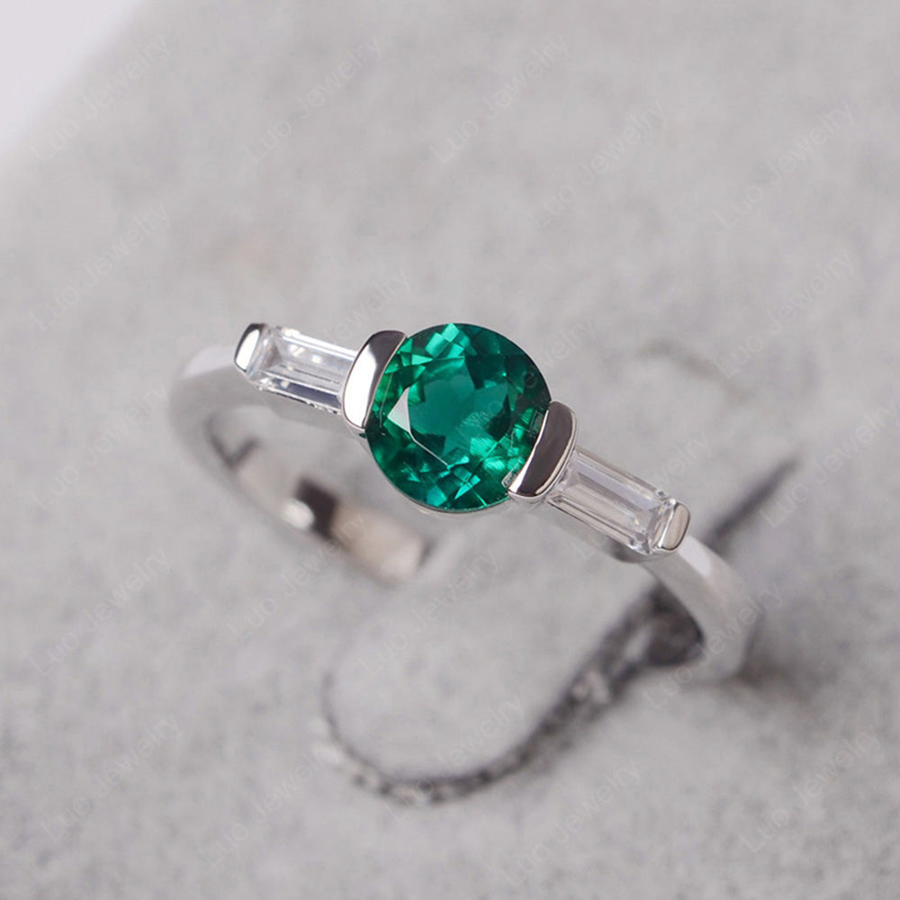 Lab Emerald Ring Round Cut With Baguette Side - LUO Jewelry