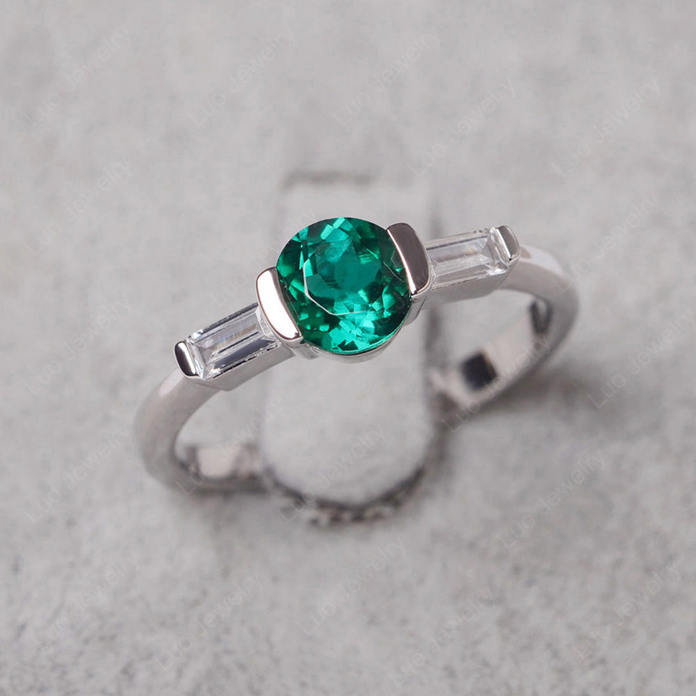 Lab Emerald Ring Round Cut With Baguette Side - LUO Jewelry