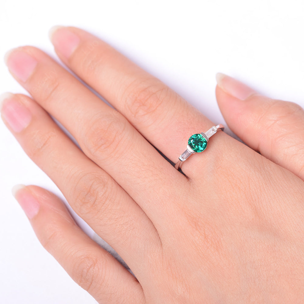 Lab Emerald Ring Round Cut With Baguette Side - LUO Jewelry