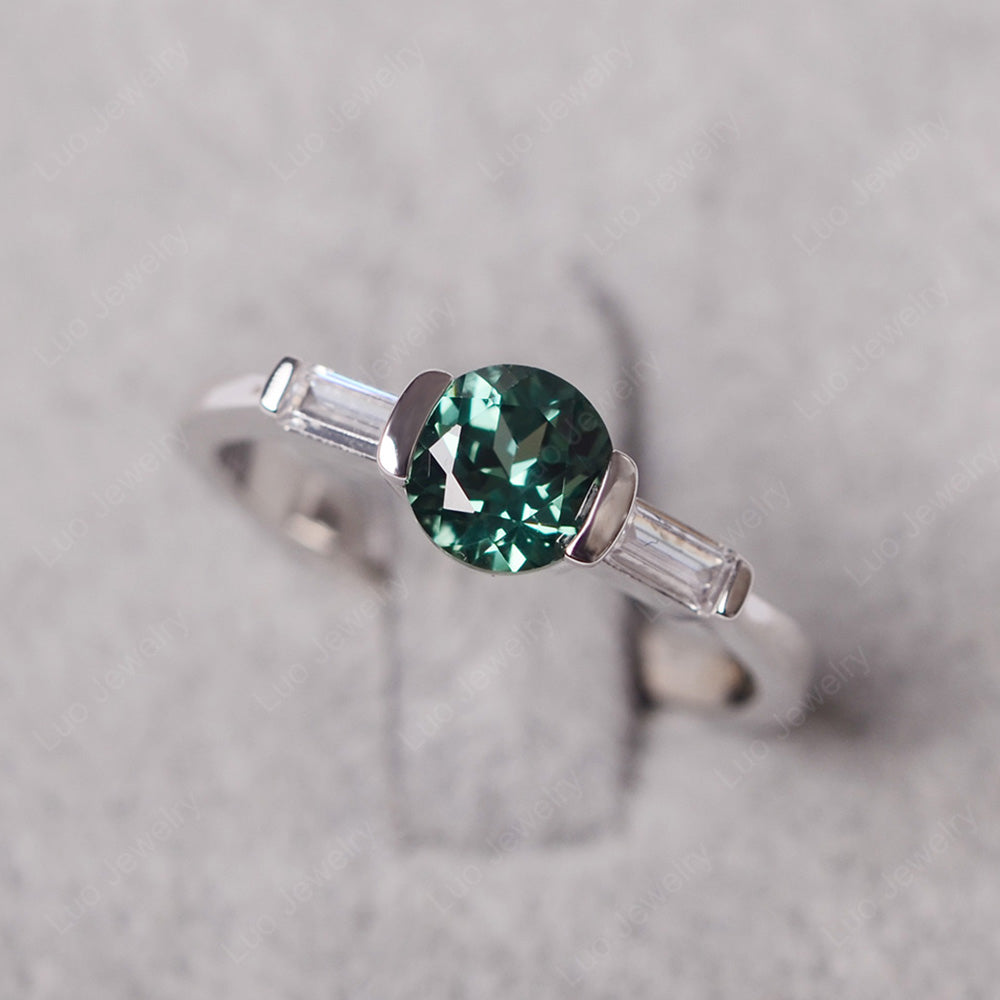 Green Sapphire Ring Round Cut With Baguette Side - LUO Jewelry
