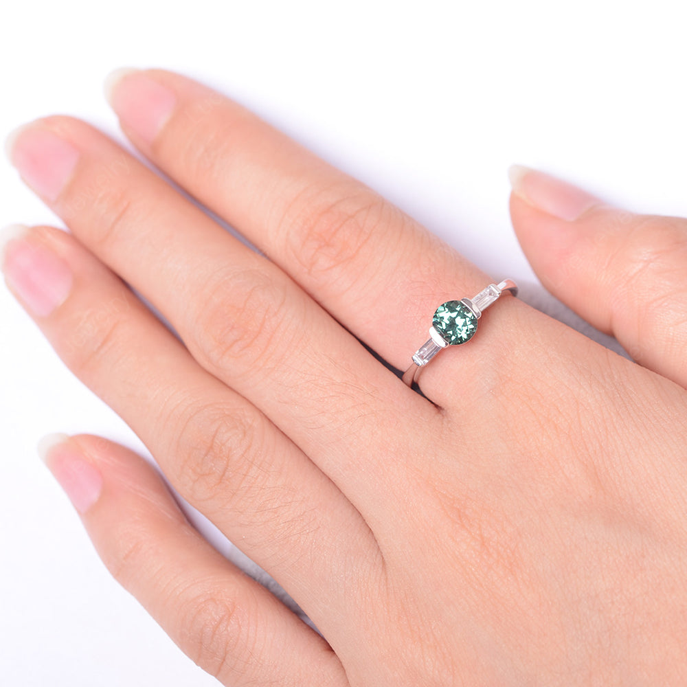 Green Sapphire Ring Round Cut With Baguette Side - LUO Jewelry