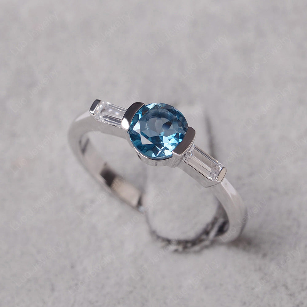 London Blue Topaz Ring Round Cut With Baguette Side - LUO Jewelry