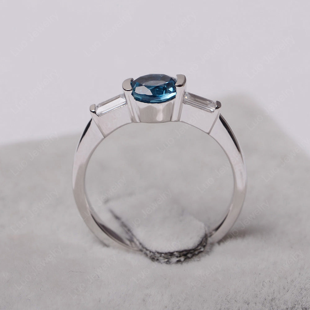 London Blue Topaz Ring Round Cut With Baguette Side - LUO Jewelry