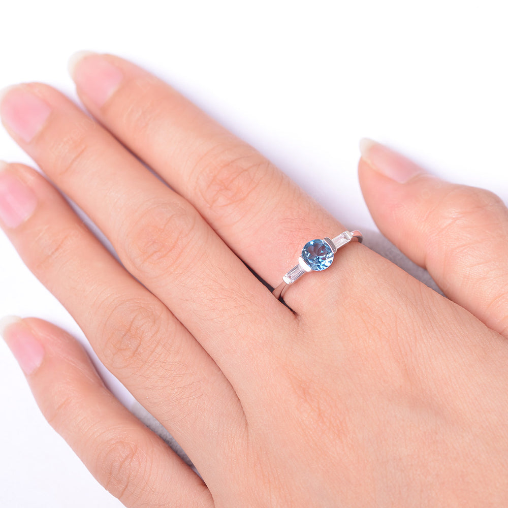 London Blue Topaz Ring Round Cut With Baguette Side - LUO Jewelry