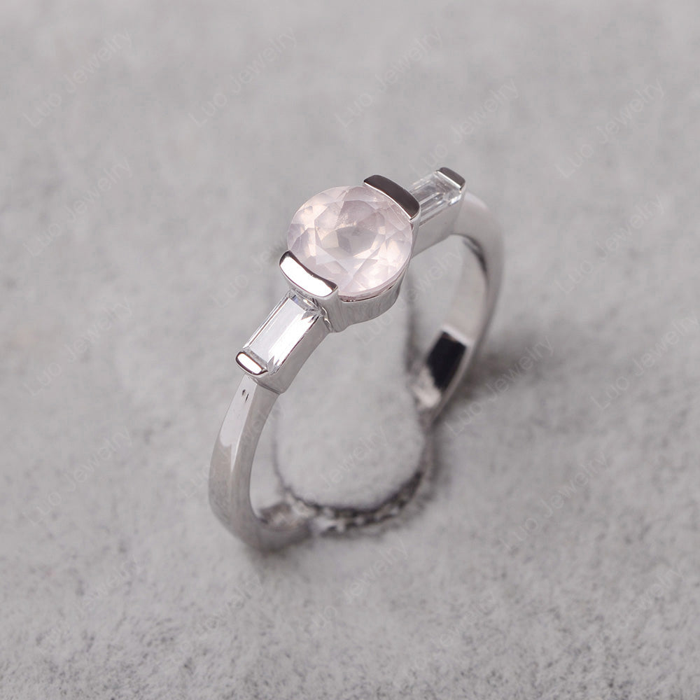 Rose Quartz Ring Round Cut With Baguette Side - LUO Jewelry