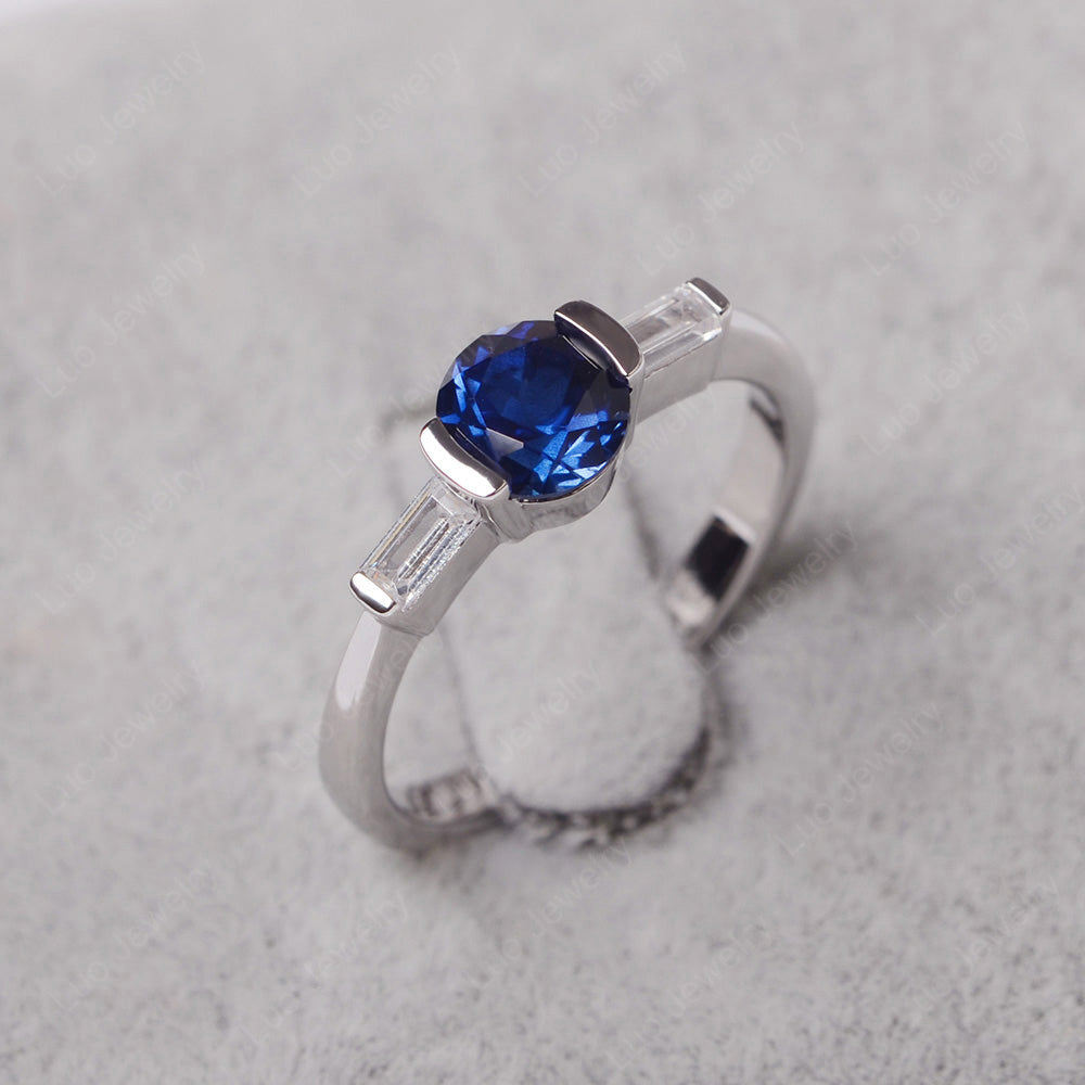 Lab Sapphire Ring Round Cut With Baguette Side - LUO Jewelry