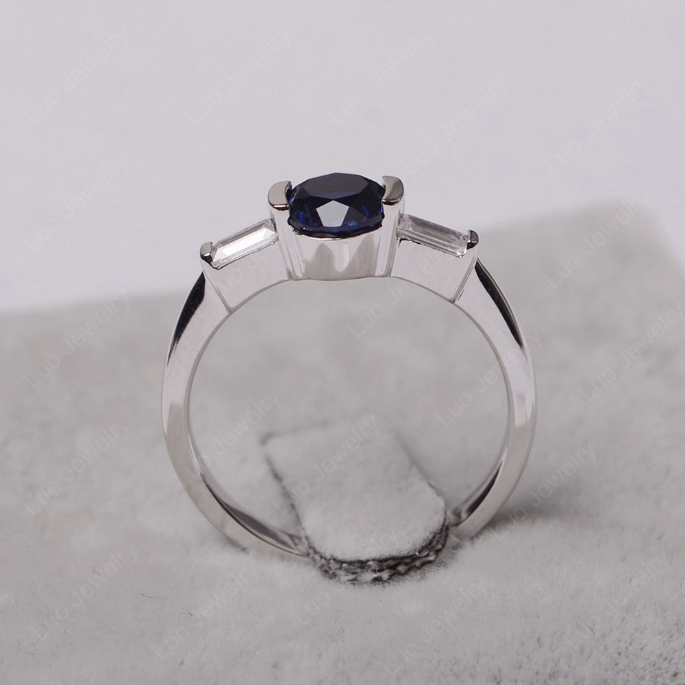 Lab Sapphire Ring Round Cut With Baguette Side - LUO Jewelry