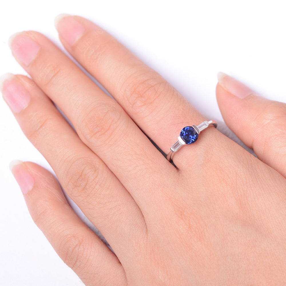 Lab Sapphire Ring Round Cut With Baguette Side - LUO Jewelry