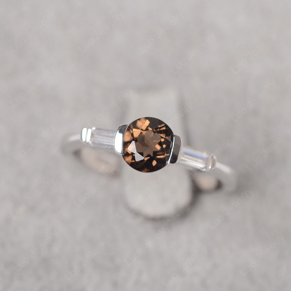 Smoky Quartz  Ring Round Cut With Baguette Side - LUO Jewelry